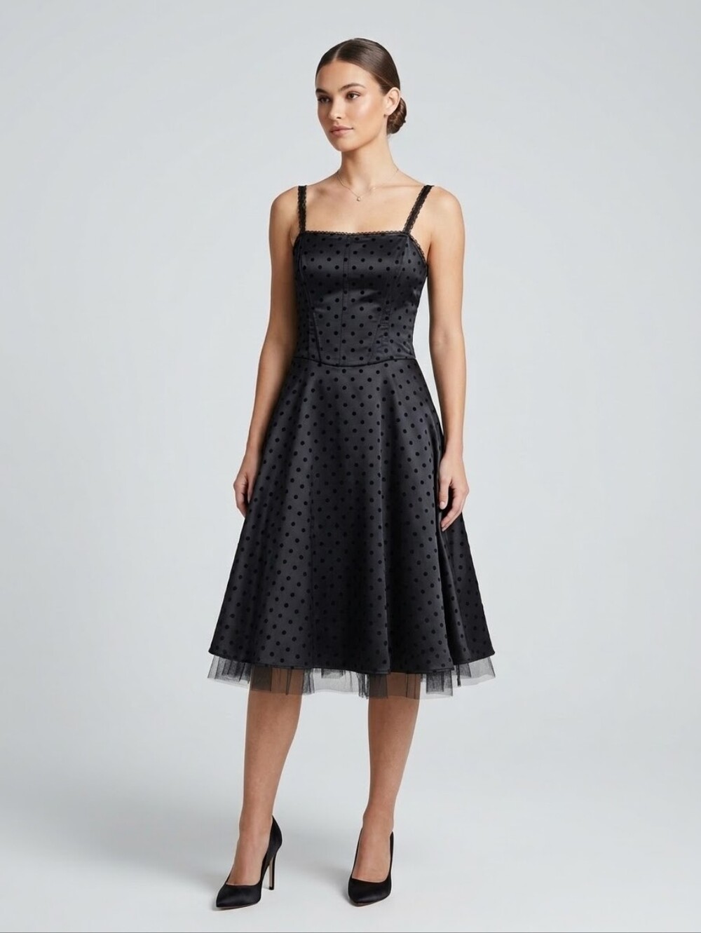 Vtg 90s Y2K Fairweather Black Polka Dot Corset Dress Crinoline Mesh Straps 6